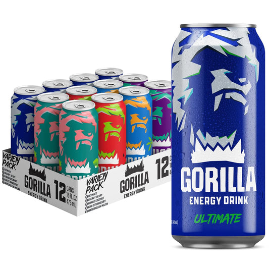 Gorilla Energy Drink, Variety Pack, 200mg Natural Caffeine, Real Fruit Juice Squeezed & Concentrated, L-Theanine, Taurine,