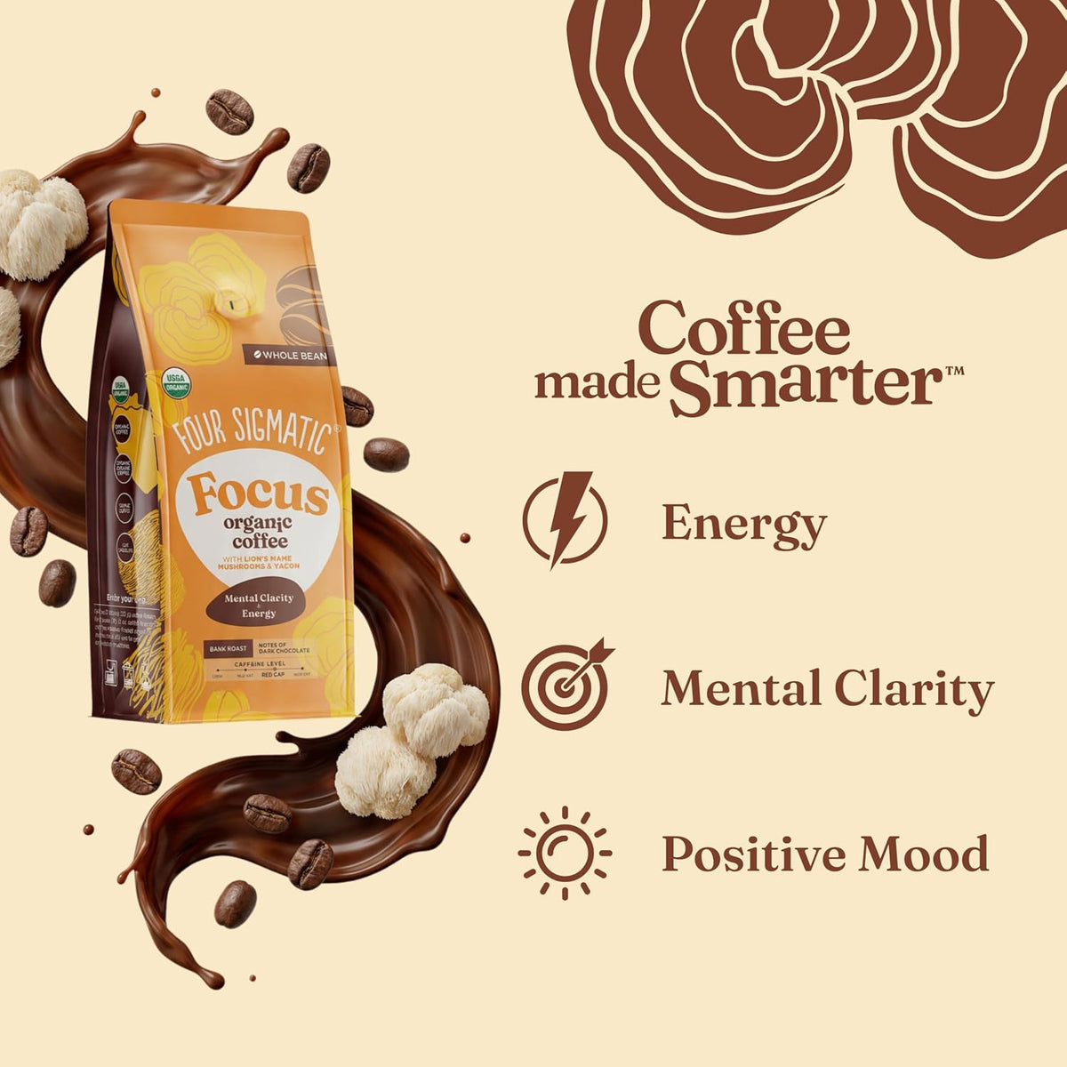 Four Sigmatic Dark Roast Organic Whole Bean Coffee | Gourmet Nootropic Mushroom Coffee Beans with Lion's Mane &amp; Chaga Mushrooms for Enhanced Brain Function and Immune Support | 12oz