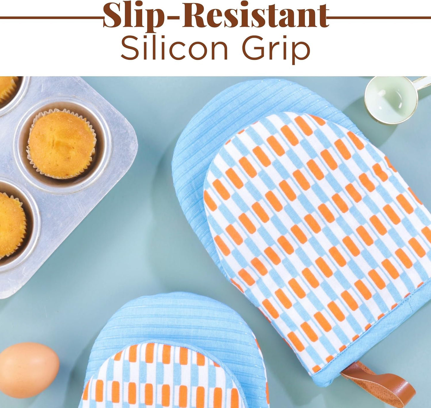 Folkulture Fall Oven Mitts, Orange, Set of 2, Heat Resistant - (5.75"x9") | 100% Cotton, Non Slip, Heat Resistant, Silicone, Cute Striped Mini Mits with Hanging Loop, Fall Kitchen Décor, Cooking Gifts