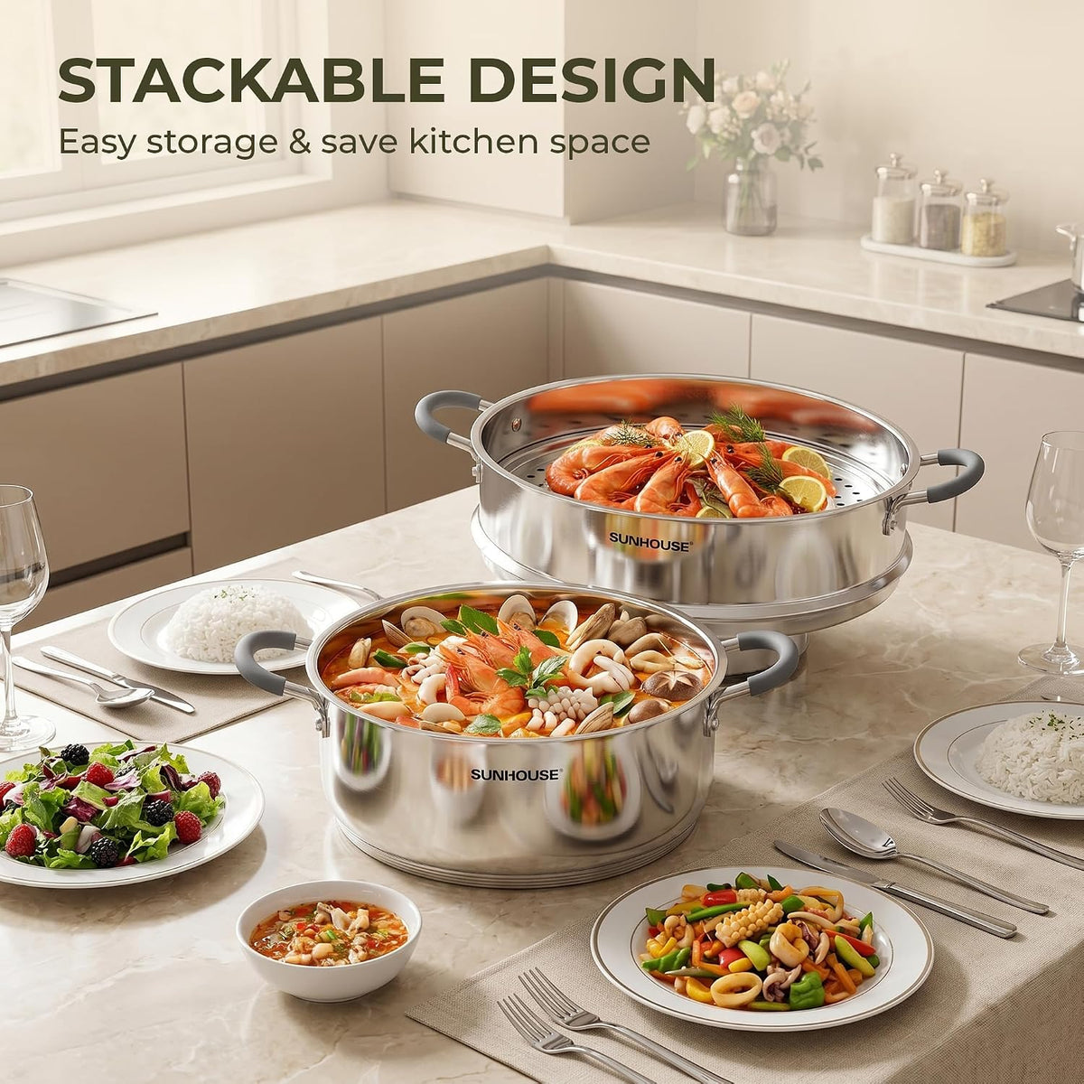 Sunhouse - 3.1 Quarts Steamer Pots With Lid 2-Tier Multipurpose Stainless Steel Steaming Pot Cookware For Vegetable, Dumpling, Sauce, Food - Triple Bottom, Measurement Line