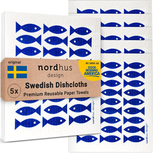 Nordhus Design Swedish Dishcloths,5 Fish Cloths, Made in Sweden - Reusable, Washable Cellulose Cotton Kitchen Cloths -