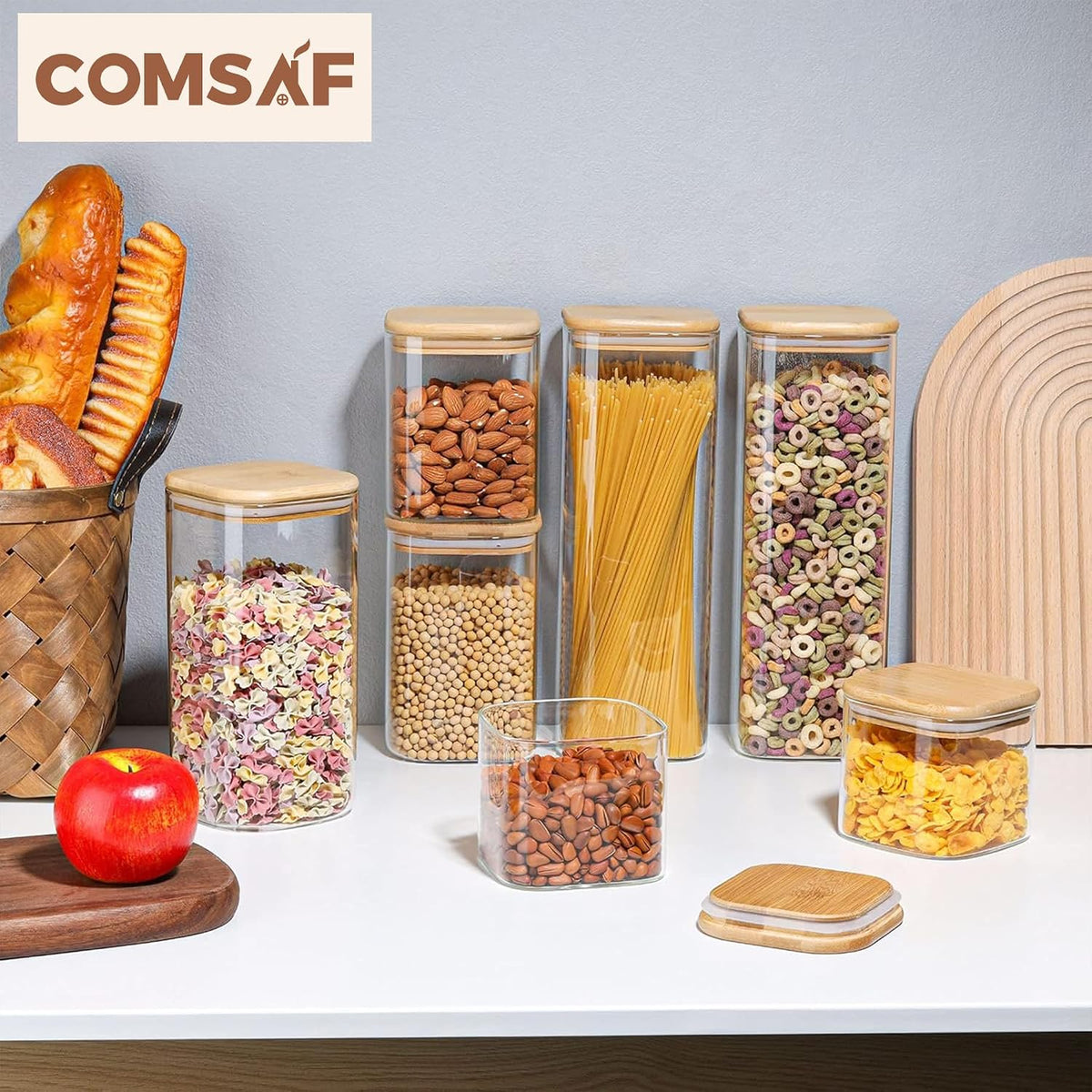 ComSaf Glass Spaghetti Pasta Storage Containers with Lids 2.2 Qt Set of 3, Tall Clear Airtight Food Storage Jar with Lid for Noodles Flour Oat Cereal Sugar Beans, Sqaure Spaghetti Pantry Containers