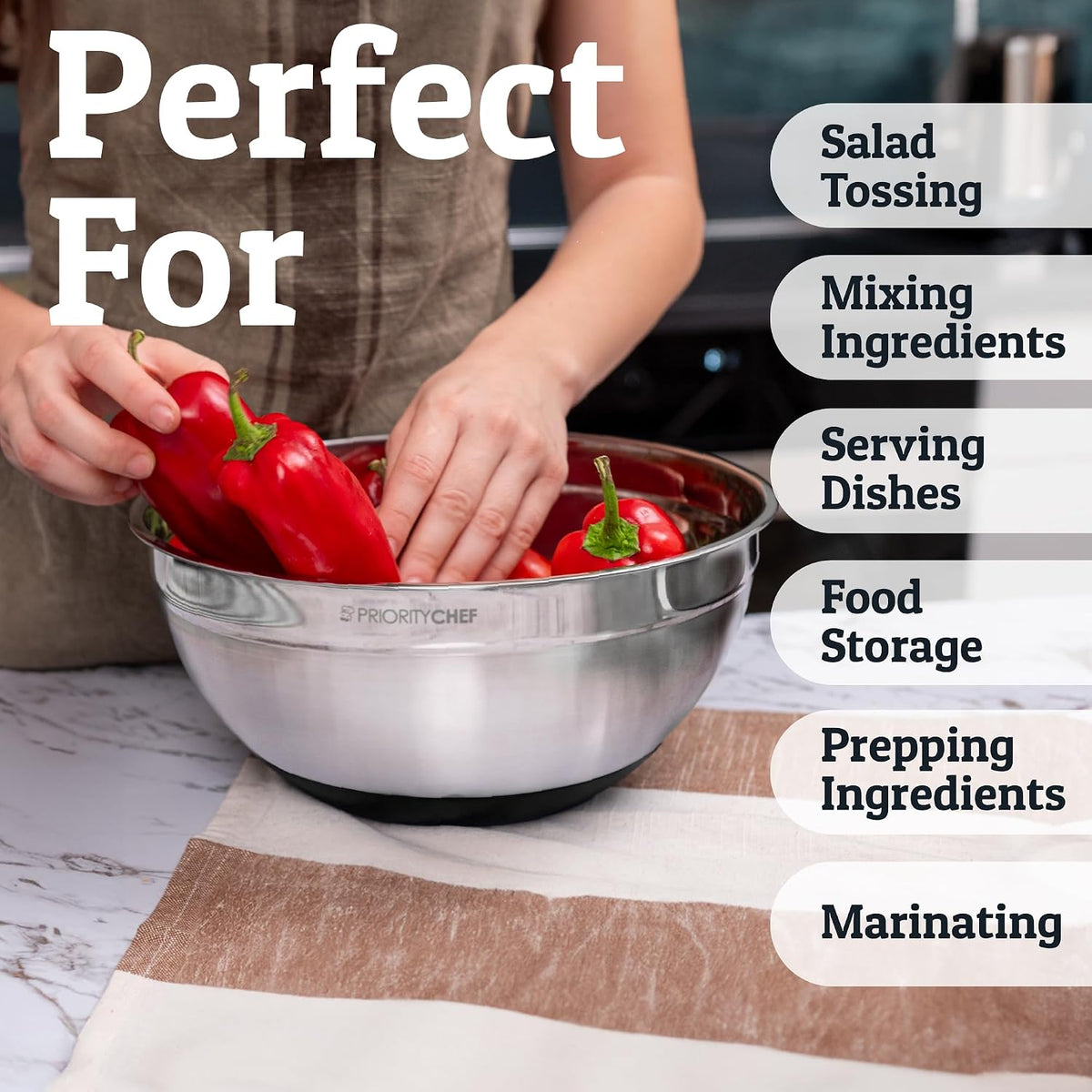 Priority Chef 6pc Stainless Steel Mixing Bowls with Lids Set, 7 Qt, Black