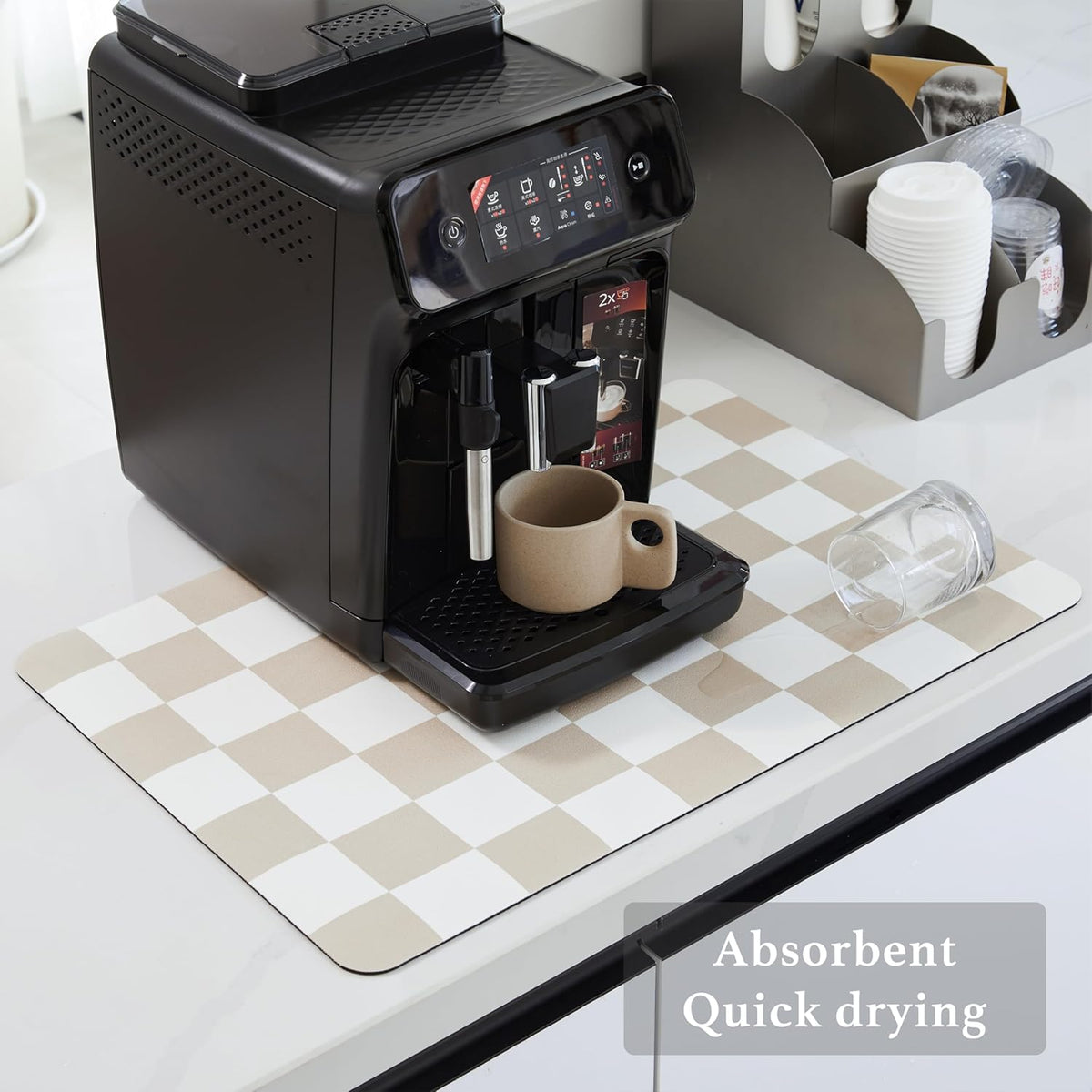 Checkered Dish Drying Mat for Kitchen Counter, Coffee Bar Station Accessories, Retro Cute Aesthetic Modern Absorbent Drainer Mat Kitchen Drying Mat Easy Clean, Beige 12" x 19"