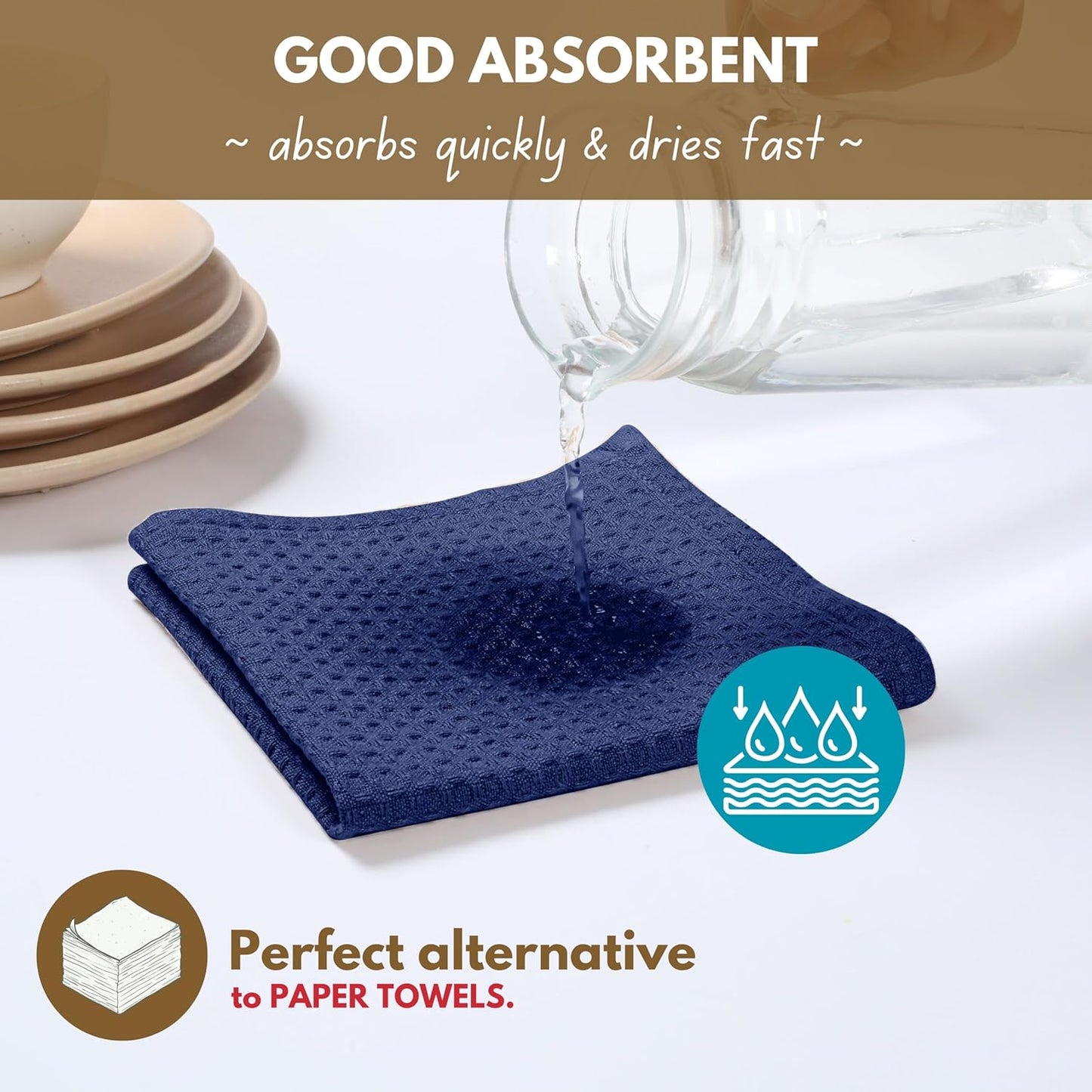 Native Fab Waffle Kitchen Towel - 6 Pack - Absorbent Dish Towel for Cleaning, Drying, and Cooking - 100% Cotton Durable Kitchen Essential for Home Use, Quick Drying Towels, 16x26 inches - Ink Blue