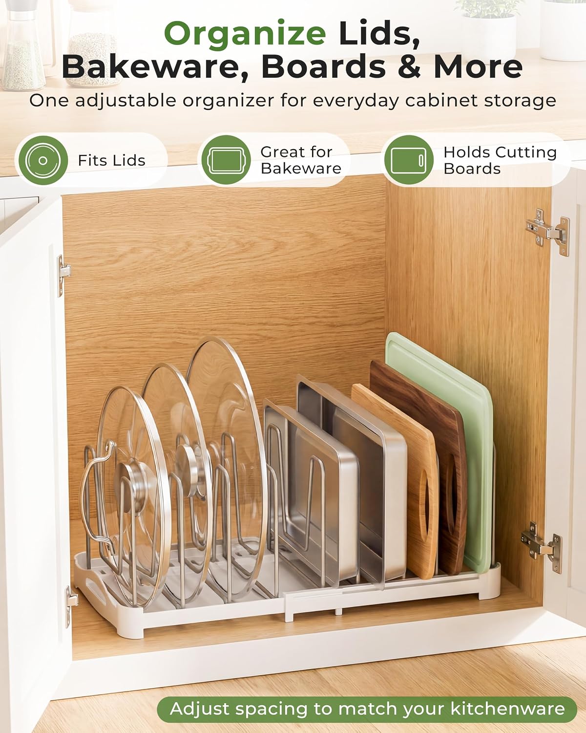 EVERIE Pot Lid Organizer, Adjustable 12.6"-21.5" Bakeware Rack for Cabinet