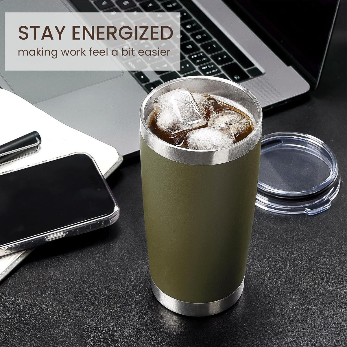 MEWAY 20oz Tumbler Cup Double Wall Vacuum Insulated Travel Mug Bulk, Stainless Steel Tumblers with Lid and Straw, Durable Powder Coated Coffee Cups for Cold &amp; Hot Drinks (Army Green, 1)