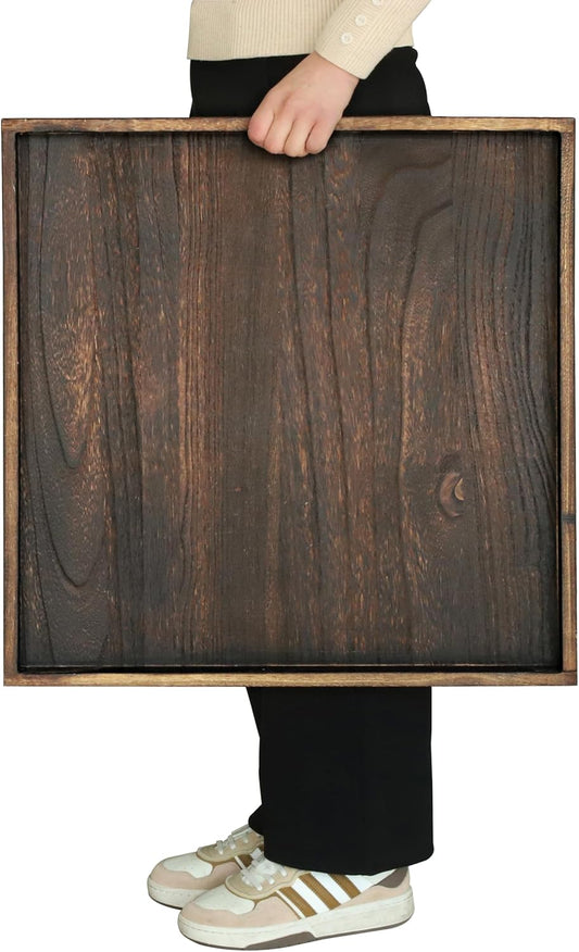 24" Rustic Wooden Serving Tray - Extra Large Square Ottoman Table Tray for Farmhouse Decorative Oversized Coffee Table Trays