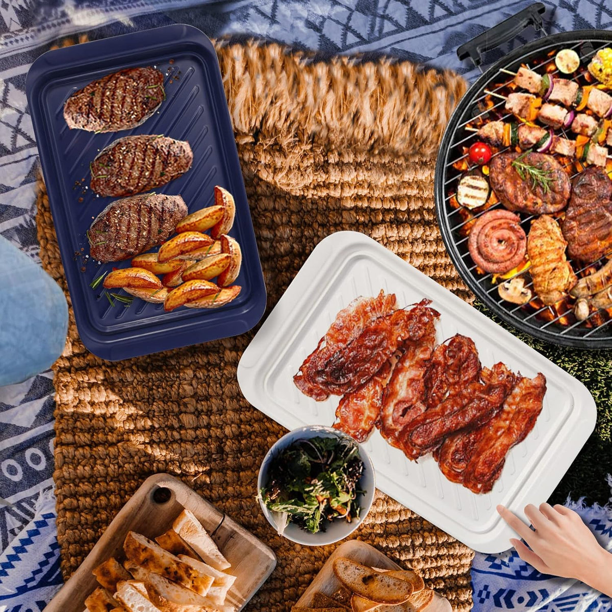 TP Grilling Prep and Serve Trays, 17" BBQ Tray for Meat Marinating and Food Plating, Melamine Serving Platters Set of 2 Grilling Accessories, Blue and White