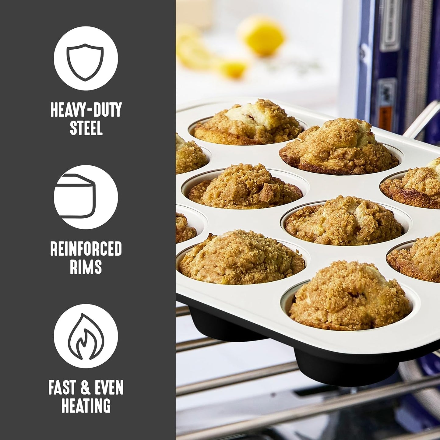 GreenLife 12 Cup Ceramic Nonstick Muffin Pan, Black | 11.4" x 1.9" x 15.9", PFAS-Free Nonstick, Cupcake Tin, Easy Release, Even Heating, Wipe Clean, Heavy Duty, Warp Resistant