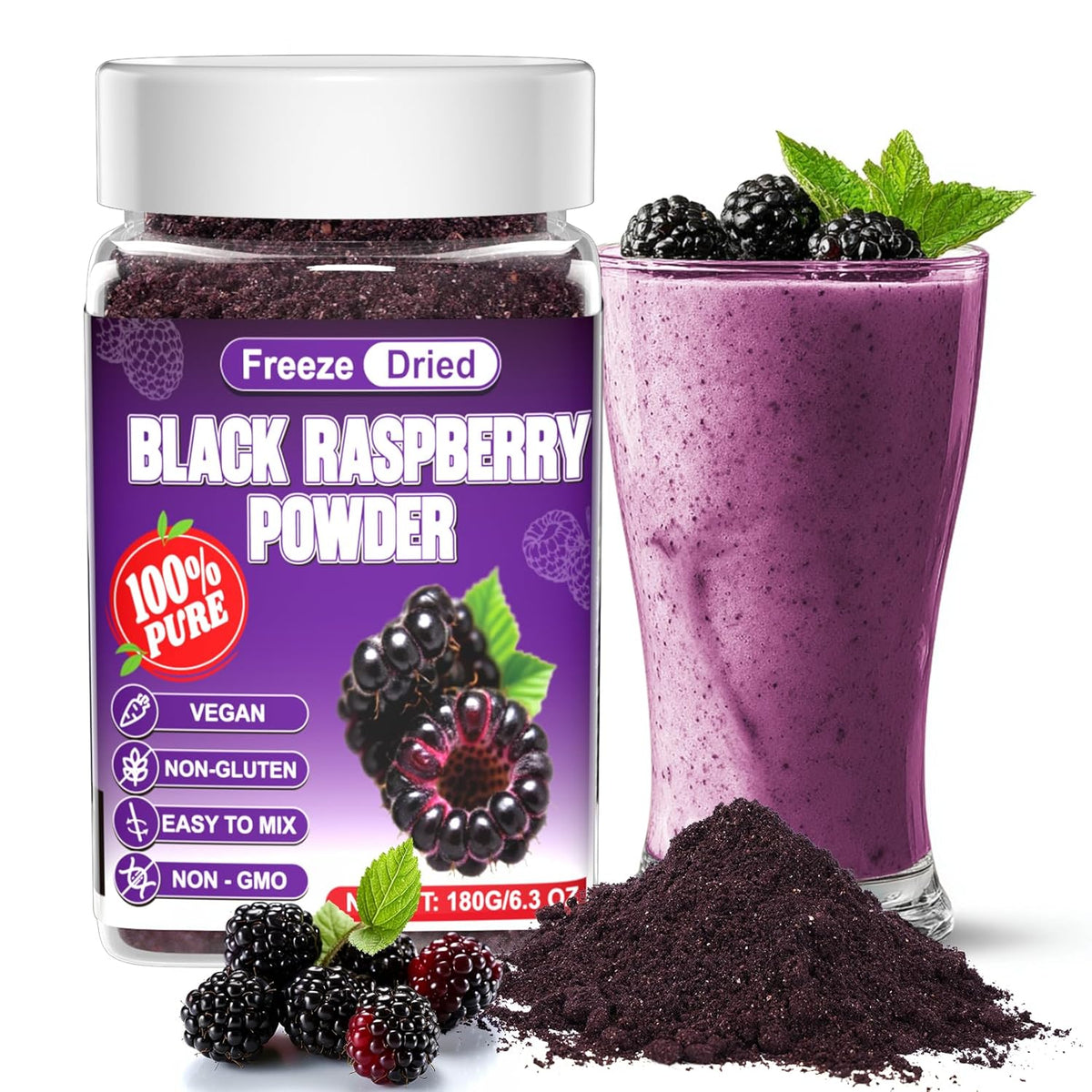 Freeze Dried Black Raspberry Powder - 6.5 OZ Super Fruit Powder, 100% Black Raspberry Extract, No Additive, No Artifical Sugar Non-GMO Natural Food Coloring for Baking, Smoothies, Yogurt