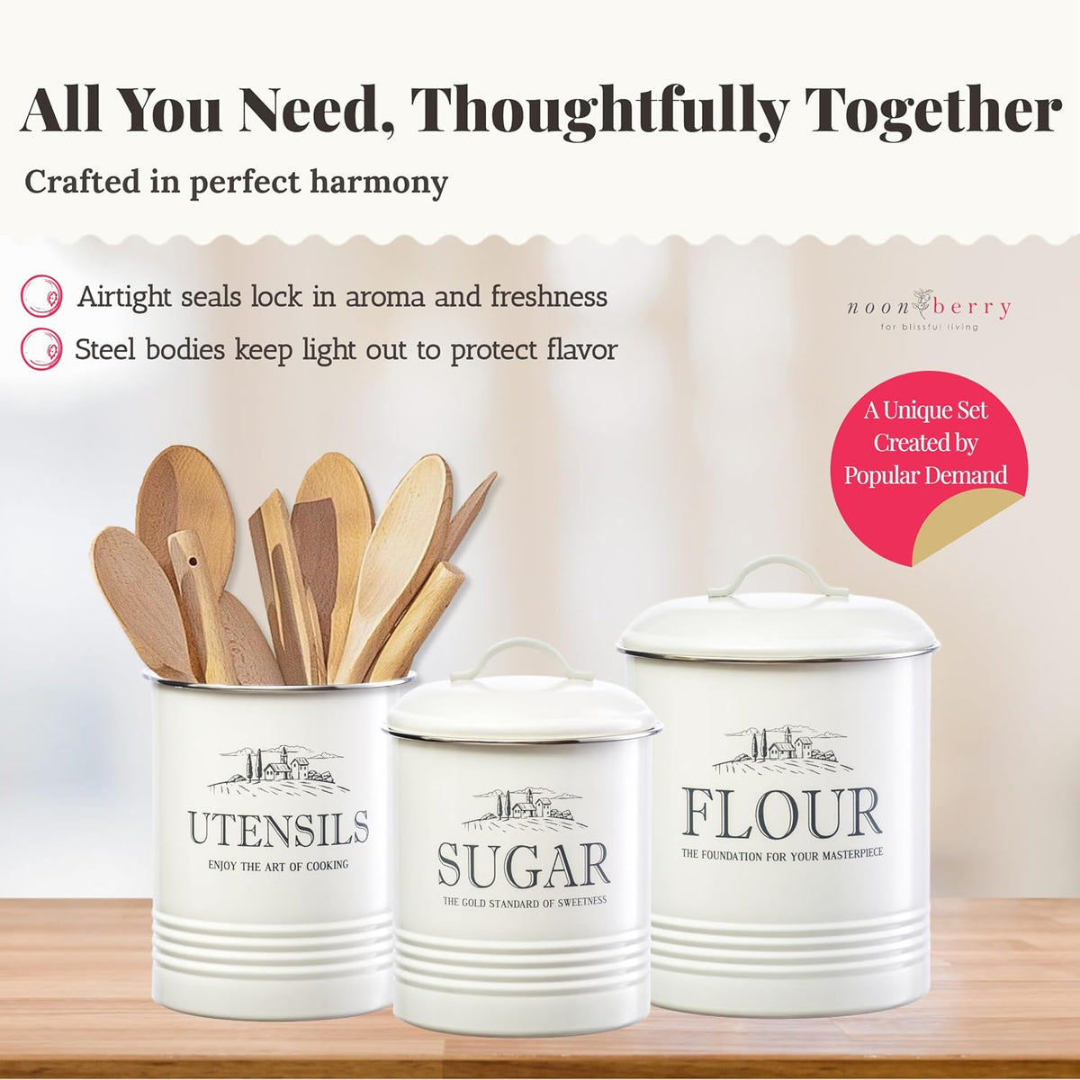 Canisters for Kitchen Counter, Set of 3 - Airtight Sugar and Flour Containers & Kitchen Utensil Holder, Rustic Farmhouse Canister Set for Kitchen Countertop