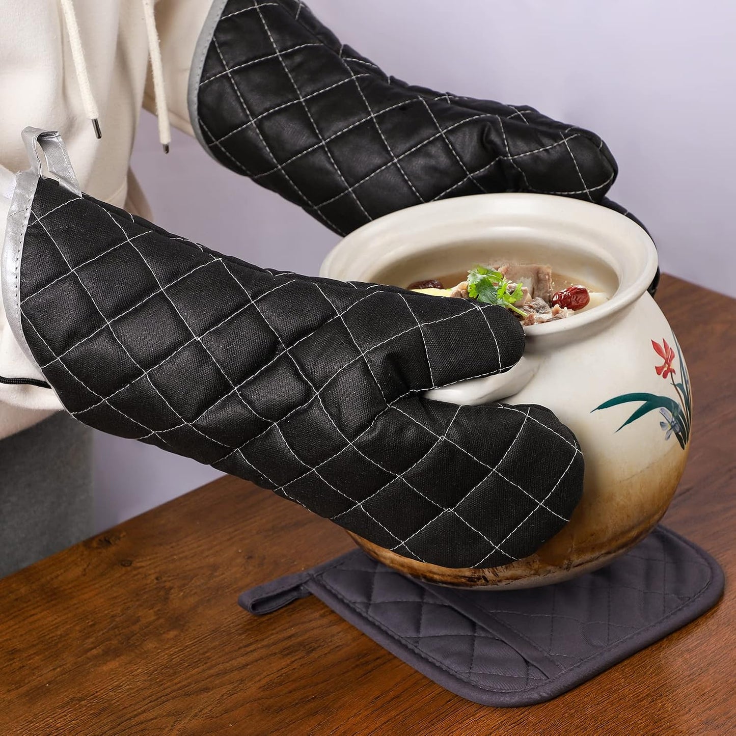 ARCLIBER Black 15" 425°F Terry Oven Mitts Quilted Heat Resistant | Quilted Lining, 1 Pair, Heat Resistant, Classic, Cotton Blend, Cooking, Baking, Grilling, Non-Slip Grip