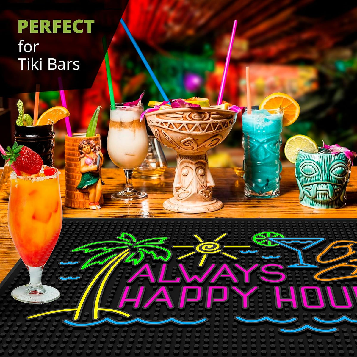 Always Happy Hour Bar Mat - Tiki 18"x12" Rubber Bar Mat for Home Bar, Outdoor Bar, Wet Bar &amp; Countertop, Non-Slip Tropical Spill Mat for Pool, Patio &amp; Tiki Lounge