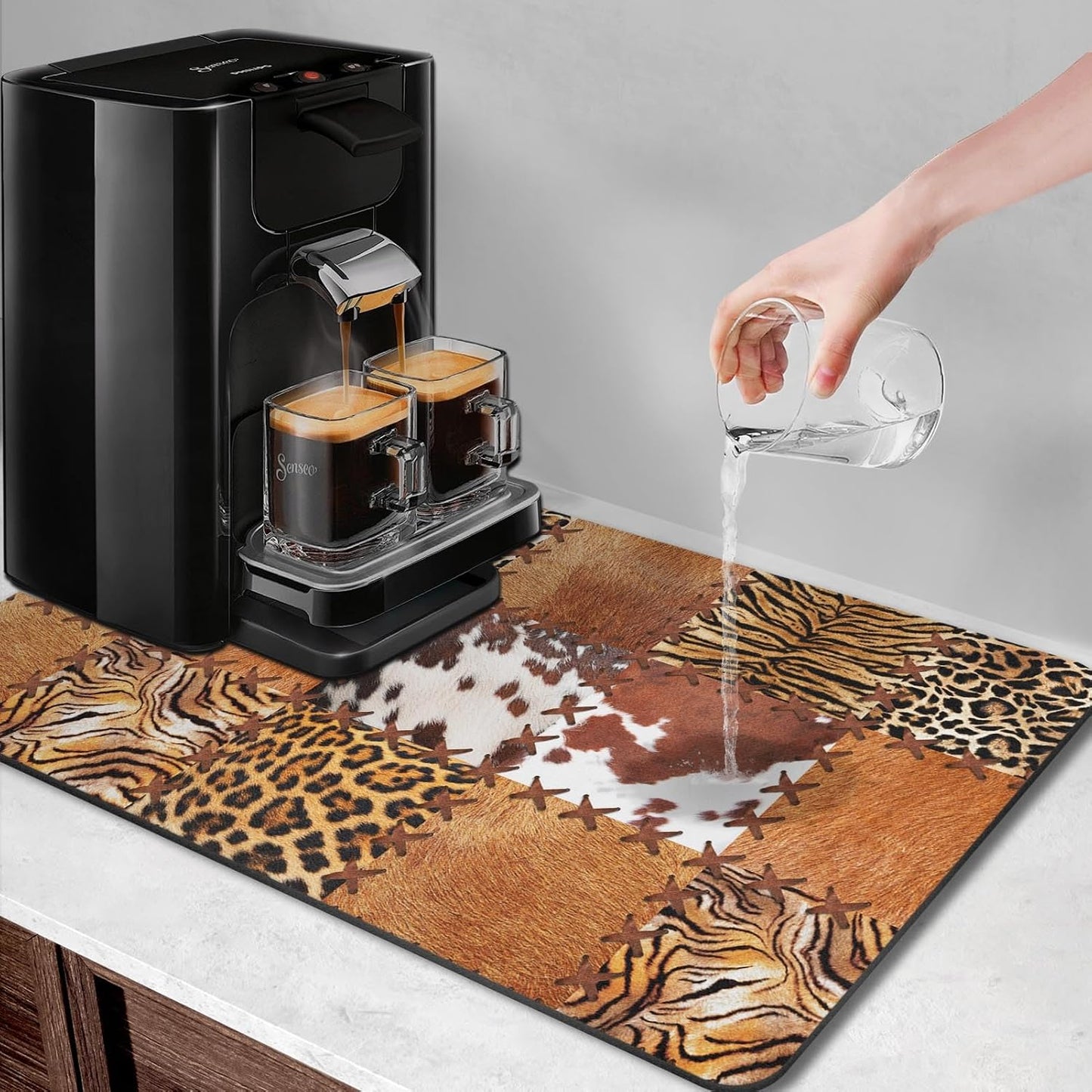 Arttown Coffee Mat for Countertops, 2 Pcs, 12" x 19" Cow Tiger | Leopard Patchwork Tribal Dish Drying Mats Rubber Backed, Kitchen Bar Accessories for Espresso Machine Rack Hide Stain