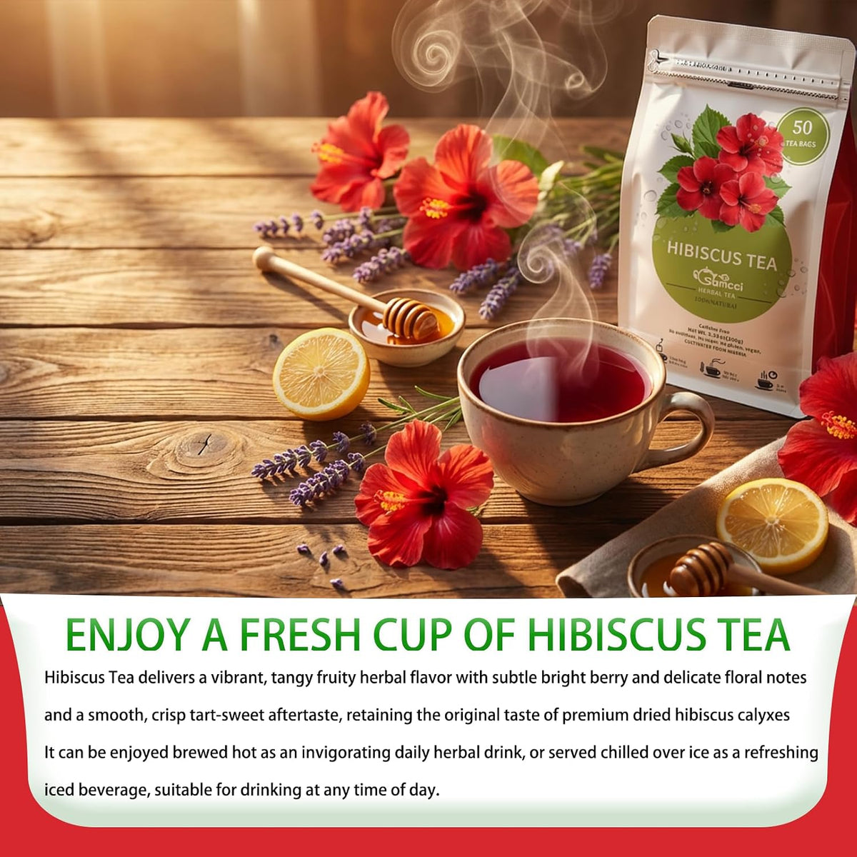 Samcci Hibiscus Tea Bags, 50 Count, Pure Dried Flor De Jamaica Flower | Hot &amp; Iced Tea, Rich in Antioxidants, Supports Digestion, 100% Natural Dried Flowers, Non-GMO, Caffeine-Free