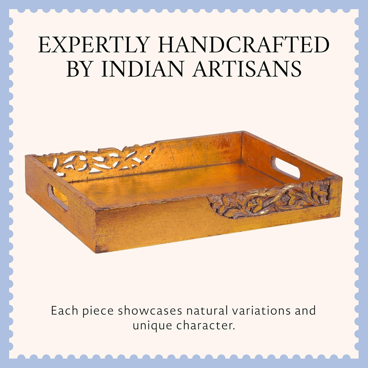 Mela Artisans Flourish Mango Wood Serving Tray - Distressed Gold, 16 in | Handcrafted serving tray board with handles for breakfast, coffee and home décor, utilizing built-in base felt pads.