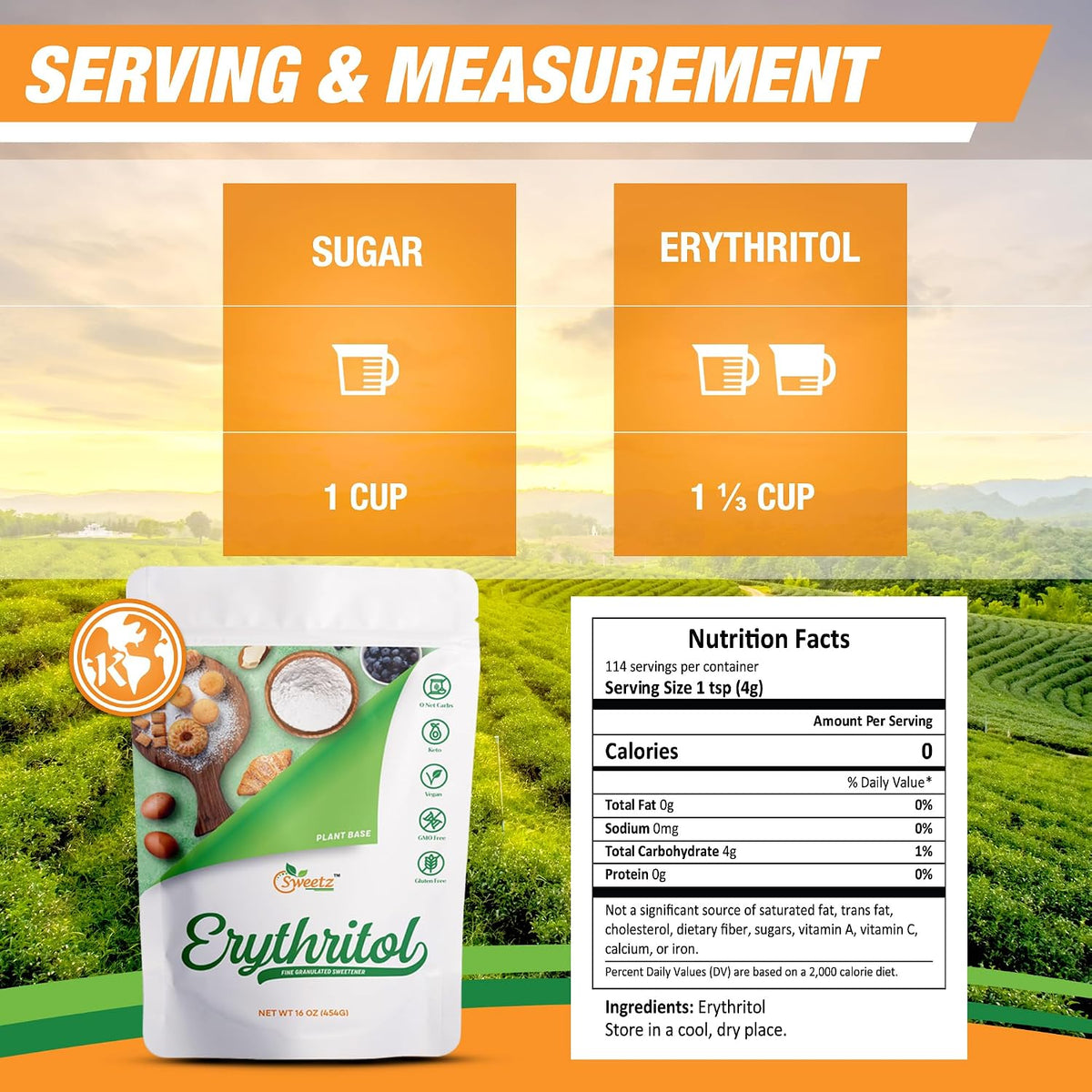 Erythritol All Purpose Sweetener; Total Servings 342; Zero Calorie Sweetener, Sugar-Free Substitute for Baking, Smoothies, Coffee; Low Carb Keto Diet Friendly Food | Pack of 3, 1LB/Each