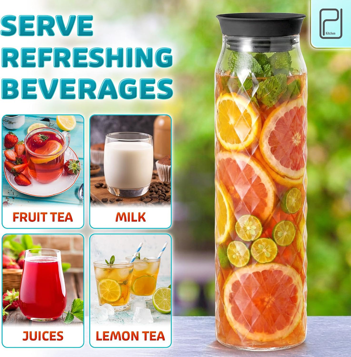 PJC-Kitchen Borosilicate Glass Pitcher with Lid - 1.2 L / 41 oz Water Jug | Durable borosilicate glass carafe for hot / cold beverages -4 °F to 302 °F, spill-proof lid with filter, dishwasher safe