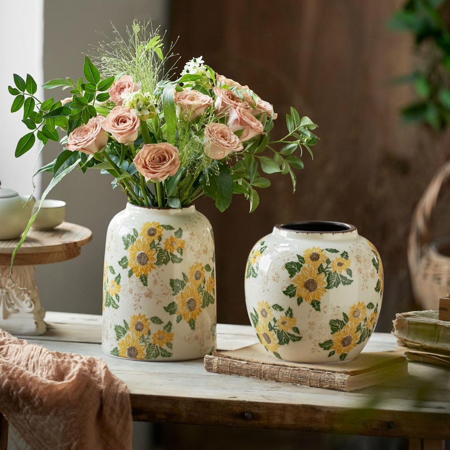 Vintage Ceramic Vase, 7.9 Inch Chinoiserie Sunflower Yellow Floral Vases, Retro Ice Cracked Rustic Antique Flower Vases for Modern Coffee Table Home Decor (Medium Cylinder)