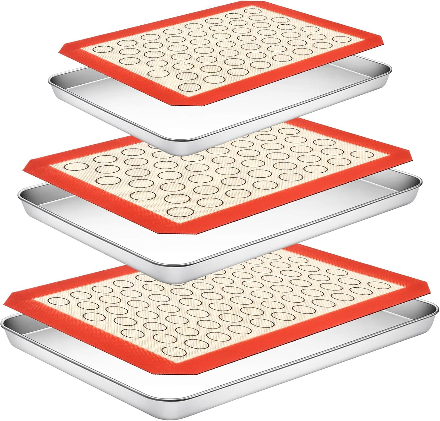 Baking Sheet with Silicone Baking Mat Set, Stainless Steel 3 Pans + 3 Mats | 9/10/12 Inches Cookie Sheets for Baking, CEKEE Baking Sheet Pan Set, Heavy Duty Design for Baking, Roasting and Cooking