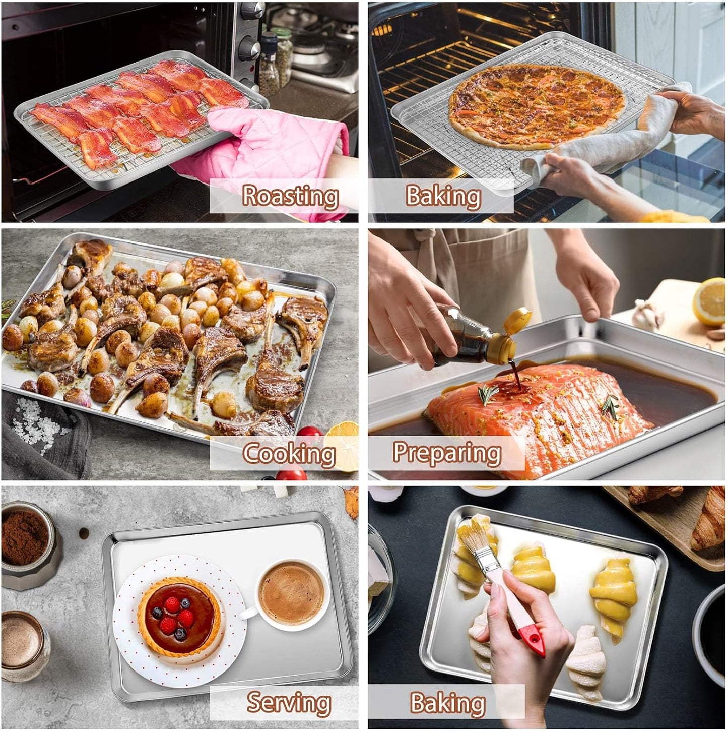 P&amp;P CHEF 16 + 10.4 Inch Baking Sheet Pan and Cooking Rack - 4 Pieces | 2x Cookie Sheet + 2x Grid Rack, Stainless Steel Oven Tray with Wire Rack for Oven Baking, Healthy &amp; Sturdy &amp; Easy to Clean