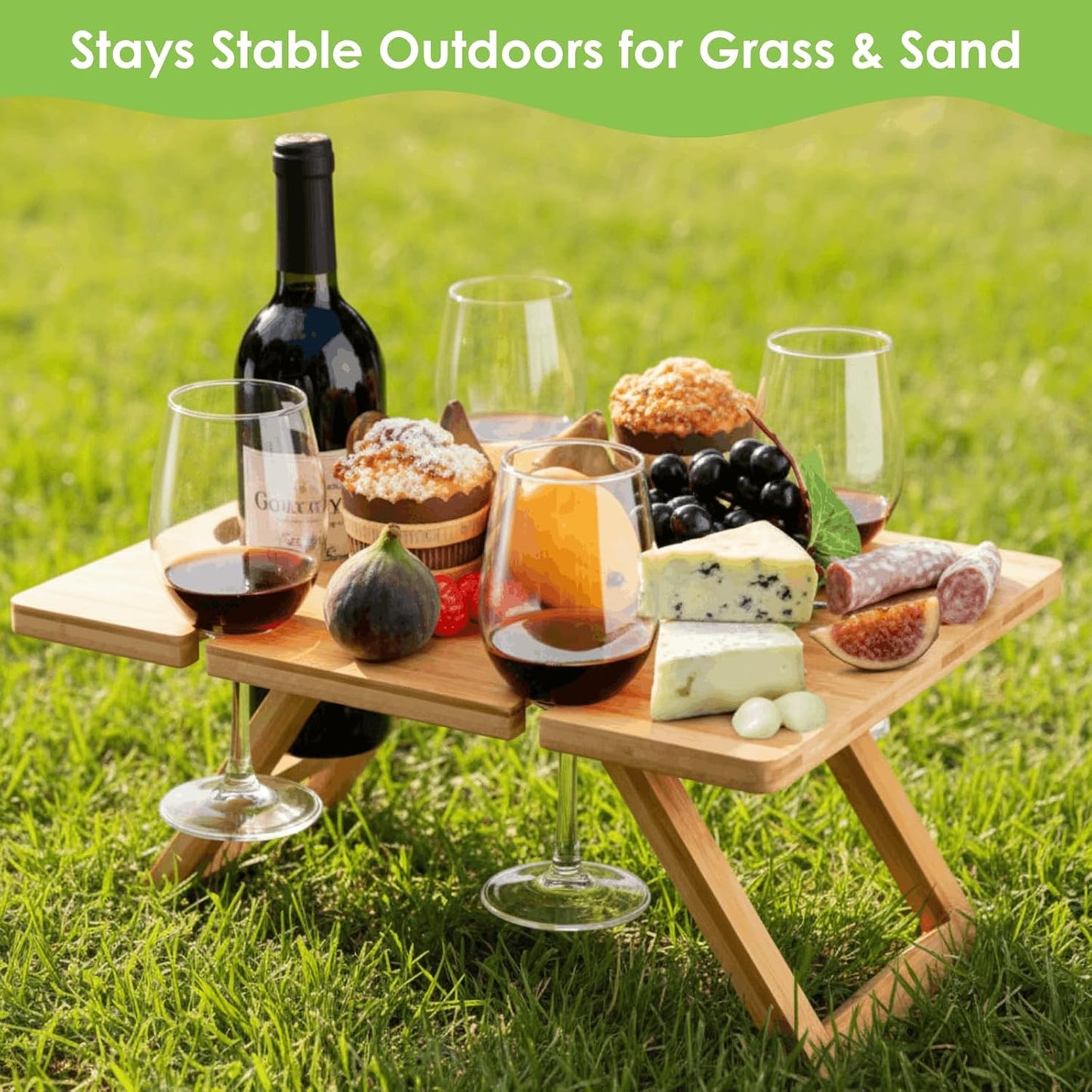 Portable Wine Picnic Table with 5 Wine Glasses Holder, Foldable Champagne Picnic Snack Table, Wine and Cheese Table for