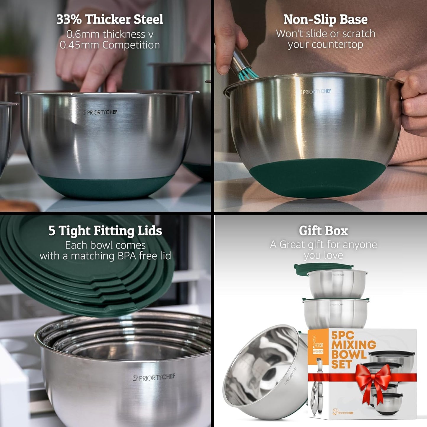 Priority Chef Premium Mixing Bowls With Airtight Lids Set, Thicker Stainless Steel Mixing Bowl Set, Large Prep Metal Bowls