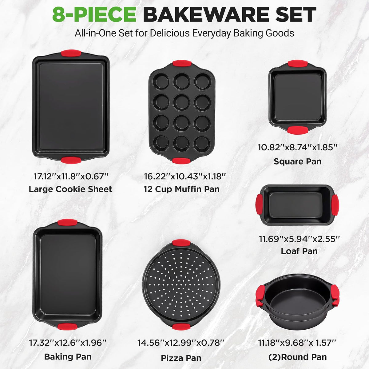 NutriChef Non-Stick Kitchen Oven Baking Pans-Deluxe &amp; Stylish Nonstick Gray Coating Inside Outside, Commercial Grade Restaurant Quality Metal Bakeware with Red Silicone Handles NCSBS8S, 8 Piece Set