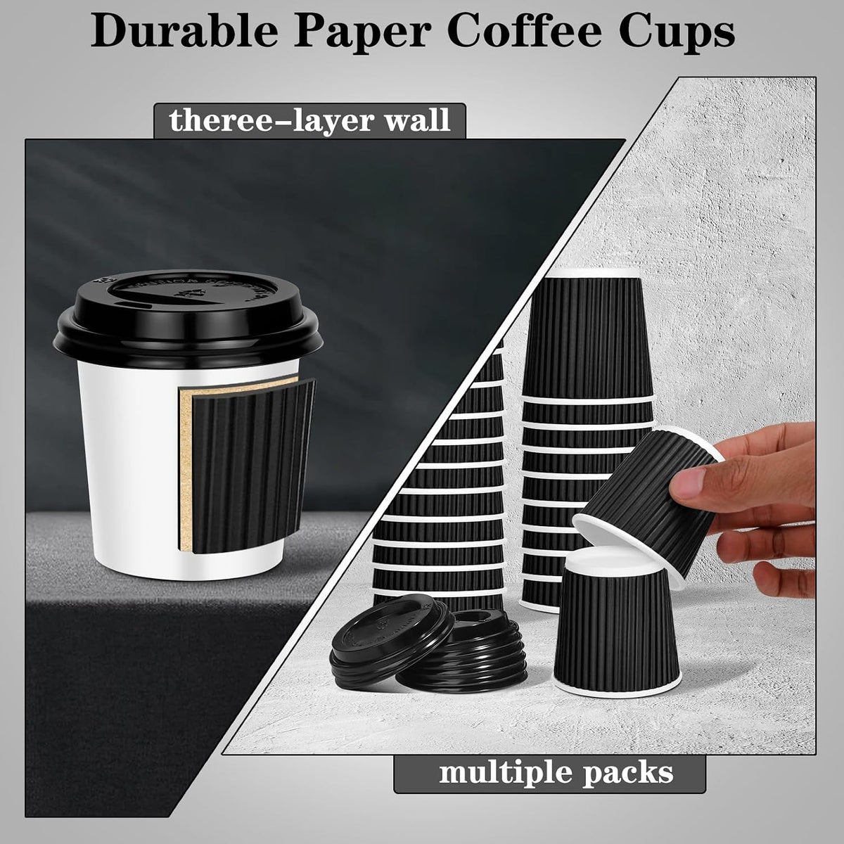 4 oz Disposable Espresso Cups with Lids, 100 Count, Corrugated Ripple Wall | Stackable Storage|Heat-Insulating Grip | To Go Spill-Resistant | Coffee Cups For Hot Drink, Office, Coffee Bar (Black)