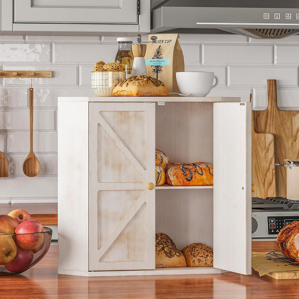Corner Bread Box for Kitchen Counter Double Layer Bamboo Bread Storage Container Large Capacity Bread Storage Bin Farmhouse Breadbox Organizer