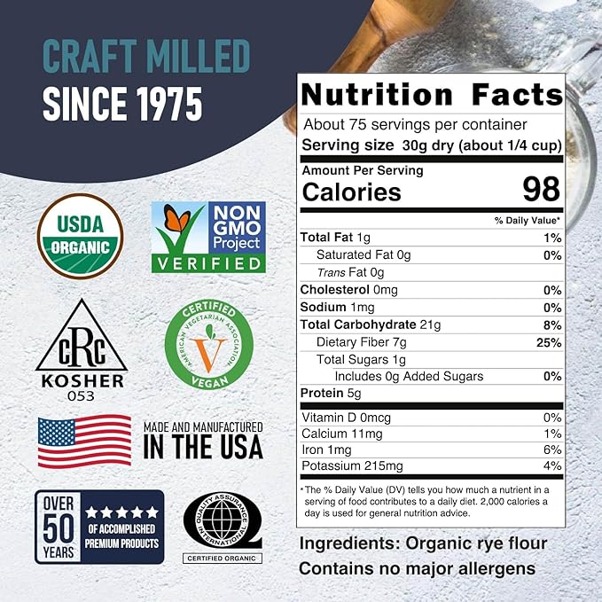 Great River Milling Organic Dark Rye Flour | Whole Grain, Non-GMO, Kosher, Unbromated | Earthy Flavor for Rye Bread, Sourdough Starter, Bagels, Crackers & Artisan Baking | 5 Lb
