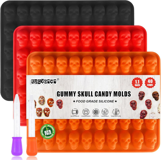 3 Pack Halloween Gummy Skull Candy Molds Silicone,Halloween Mini Skull Mold with 2 Droppers for Chocolate, Candy,Ice Cube -