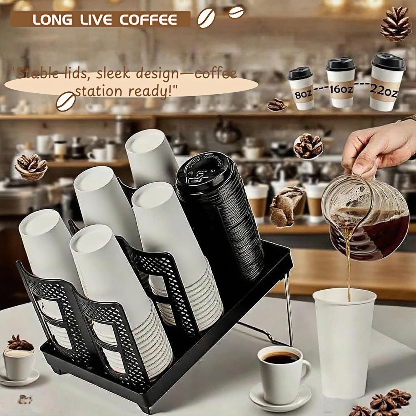Coffee Cup Holder,Cup Lid Dispenser and Organizer Display Stand,Cup Display Stand on Restaurant,Bathroom,Kitchen,Coffee Shop.Suitable for Cups Ranging from 12 to 32 oz,6Slots
