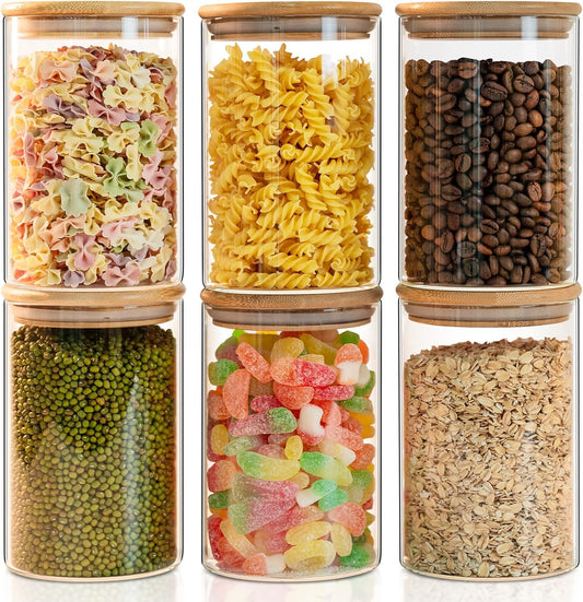 50oz Glass Food Storage Jars Set of 6,Glass Storage Containers Clear Glass Food Canister with Bamboo Lid Airtight For