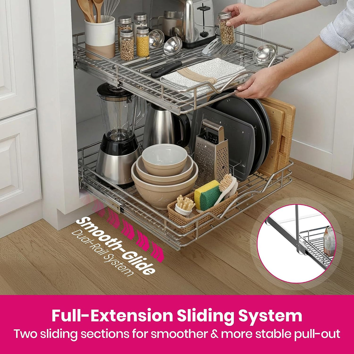2-Tier Pull-Out Cabinet Organizer for Kitchen, 17" W x 21”D x 16.5" H