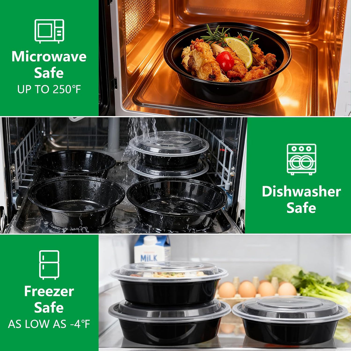 Meal Prep Containers Reusable 50 Pack-23 oz Food Storage Containers with Lids To Go Food Containers Takeout, Microwave Dishwasher Freezer Safe, Stackable, BPA Free, Plastic (Black)