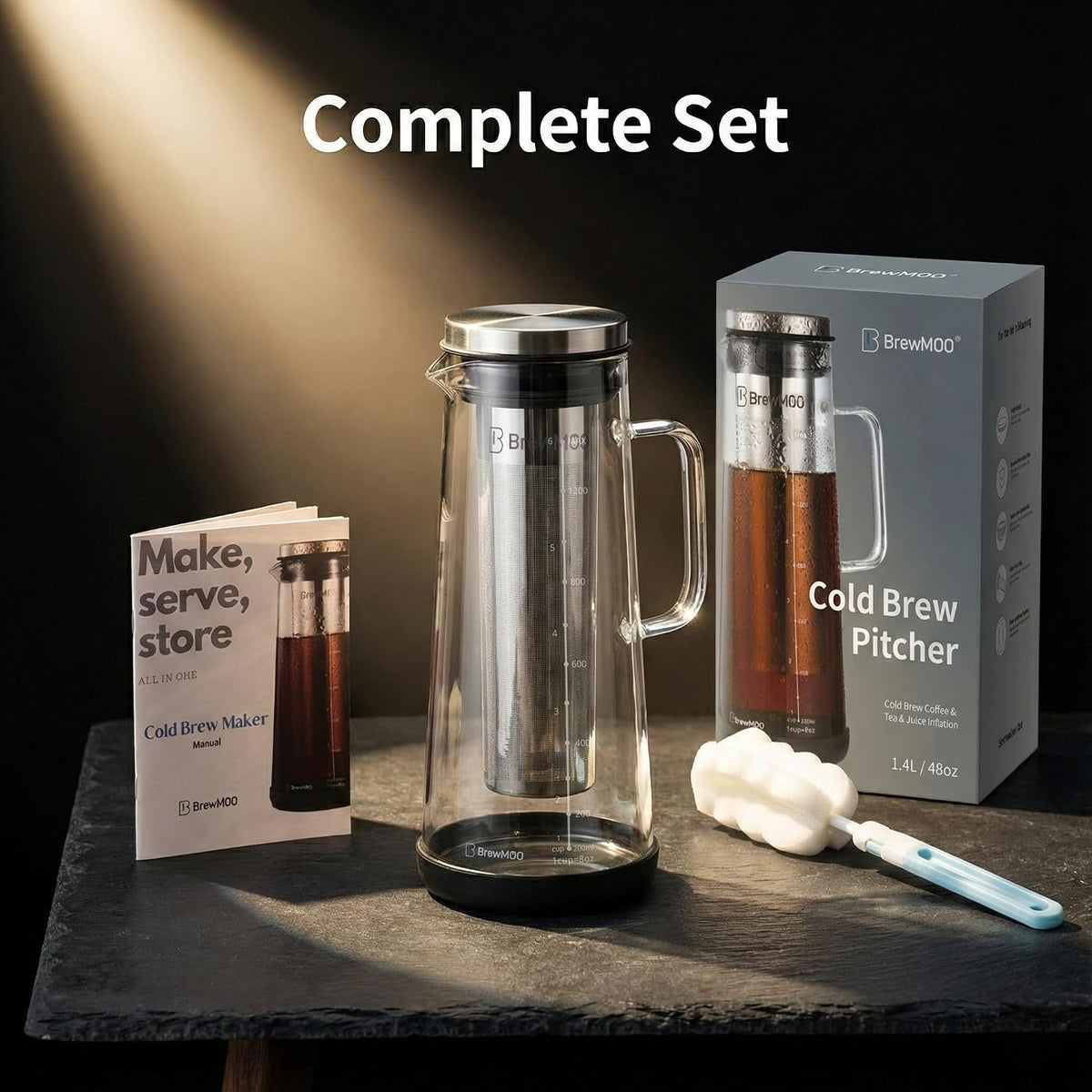 BrewMOO- Airtight Cold Brew Coffee Maker Pitcher, 1.4L/48Oz Thick Glass Carafe with Filter, Comfort Sturdy Handle &amp; Wide Spout, Non-Slip Base | Iced Tea Maker (Black)