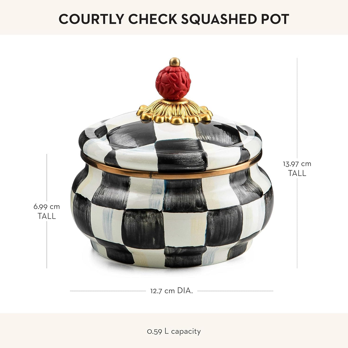 MACKENZIE-CHILDS Enamel Squashed Pot, Black-and-White Courtly Check | Hand-painted design, decorative container with lid, made from enameled steel, 5" dia. x 5.5" H, 20-ounce capacity