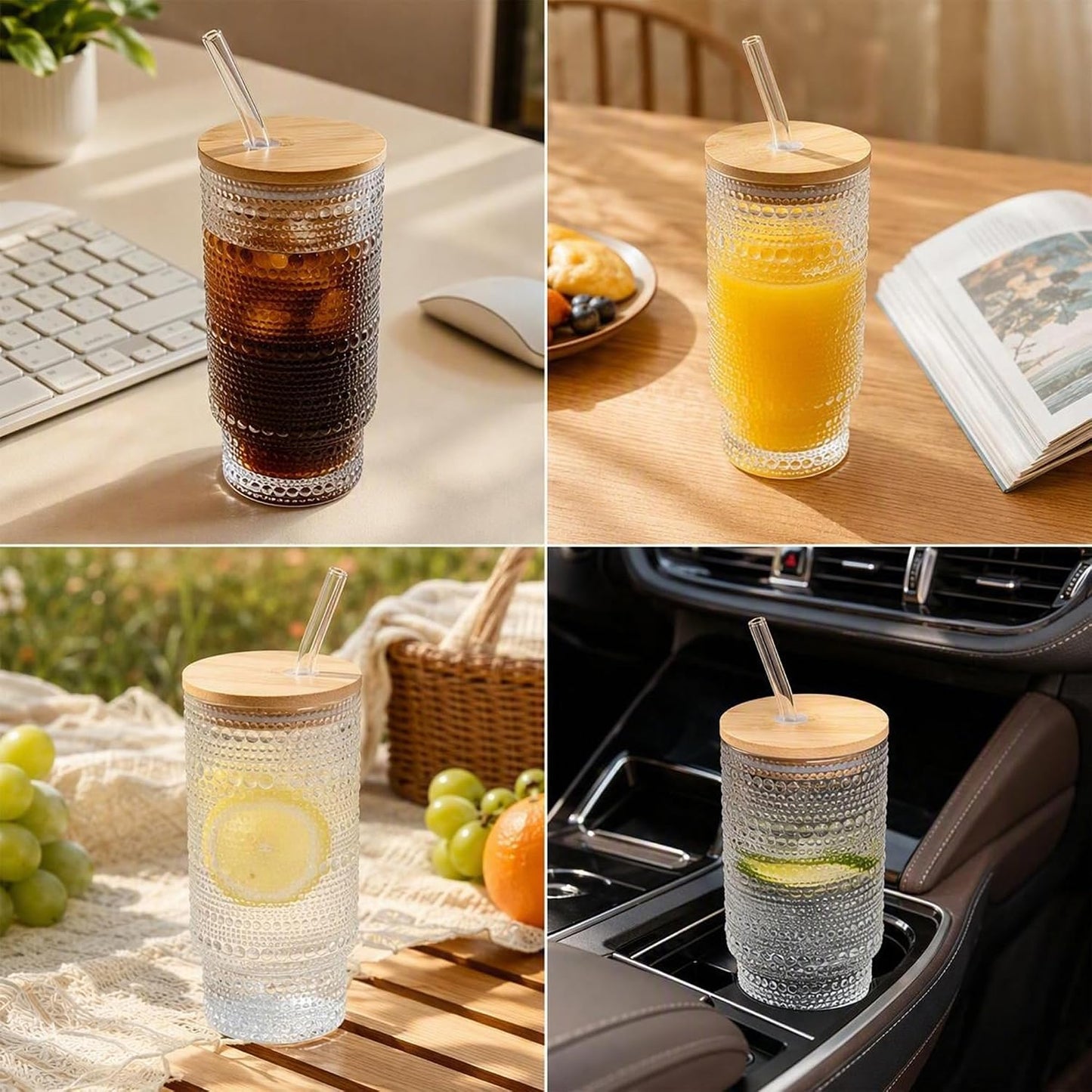Glass Cups with Lids and Straws 16 oz Hobnail Drinking Glasses | Vintage Iced Coffee Cup with Bamboo Lid, Cute Stackable Glassware for Cocktail Juice Matcha Smoothie Home Kitchen