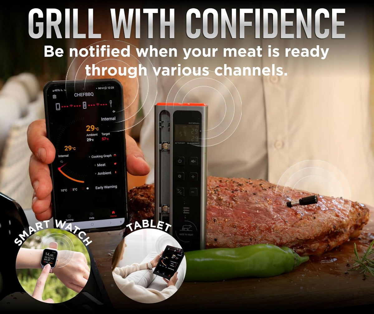 Wireless Meat Thermometer Digital BBQ Set, 5.3 Bluetooth and WiFi connectivity 800ft APP Control (iOS&amp;Android) with Chef Knife, Fork, Meats Temperature Probe, Grilling, BBQ Gift for Men