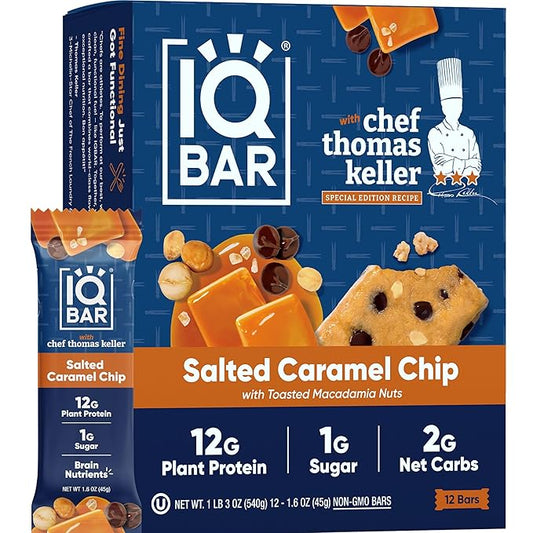IQBAR x Chef Thomas Keller - Brain and Body Plant Protein Bars - Salted Caramel Chip - 12-Count, Low Carb, High Fiber,