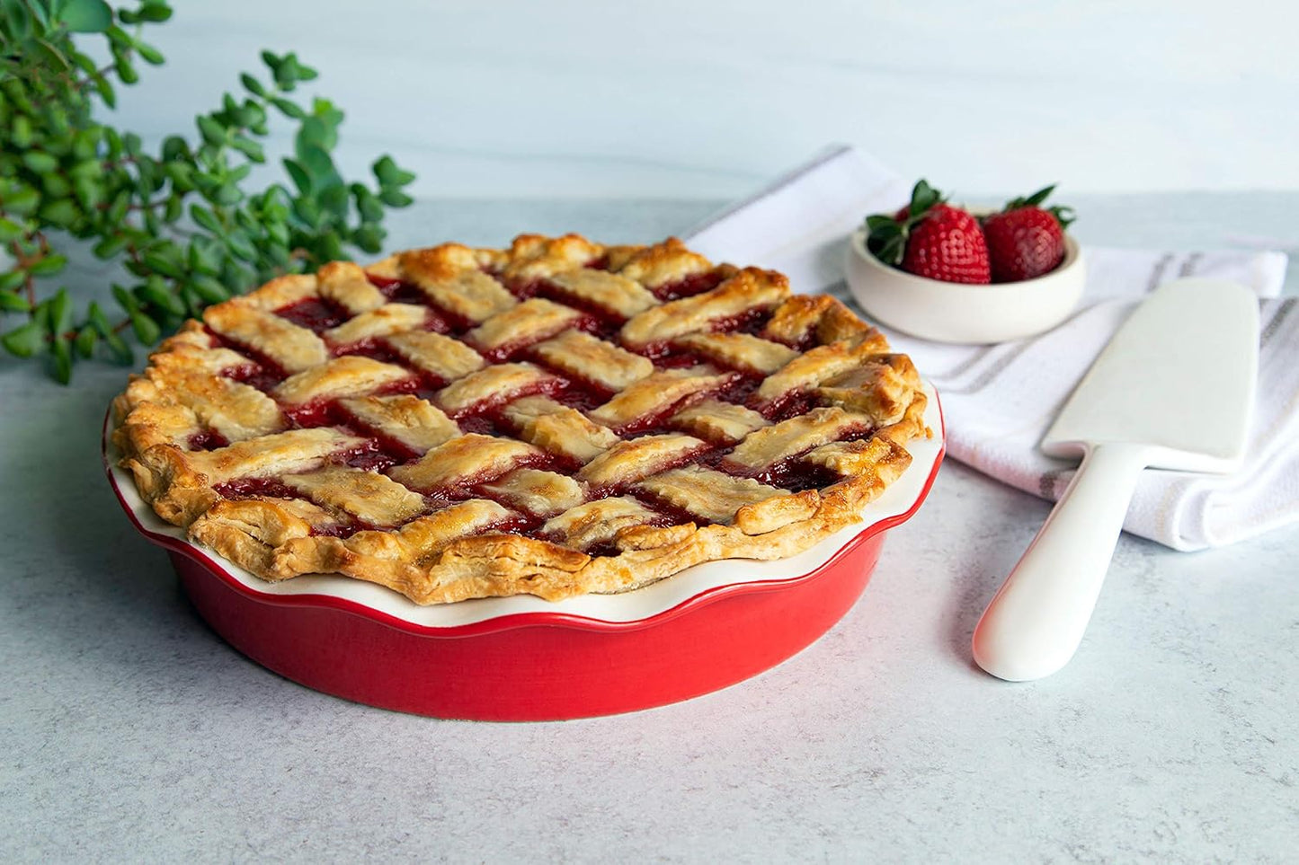 KooK Pie Dish, Pie Pan, Quiche Baking Dish, Ceramic Round, Deep Baking Dish, for Cakes, Tart, Microwave, Oven, Dishwasher Safe, 44 Oz, (Cherry)