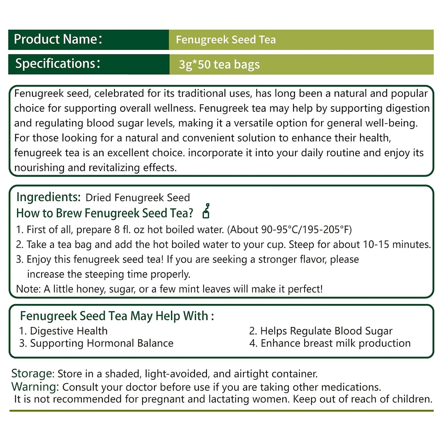 Samcci Fenugreek Seed Tea Bags, 50 Counts, 3g/bag, Fenogreco en Semillas | Natural Healthy Methi Seeds Herbal Tea, Non-GMO, Caffeine-free, Support Digestion &amp; Improve Heart Health