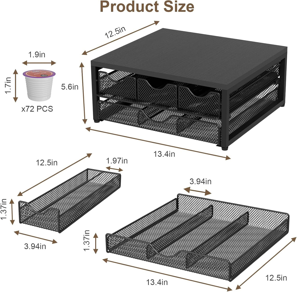 Coffee Pod Holder For Counter, 3 Pull-Out 72 K-Cup Holder Drawer, Wooden Cafe Pods Storage Organizer with Sliding Drawers for Coffee Station, Home, Kitchen, Office, Dorm (Black)