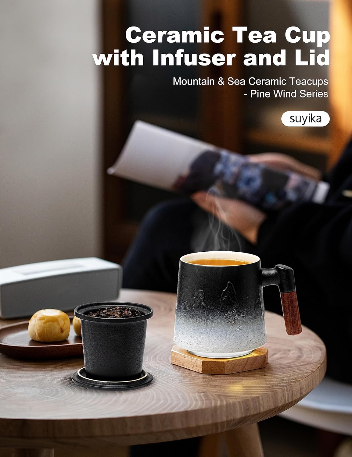 suyika Ceramic Tea Cup with Infuser and Lid, Gradient Embossed Large Tea Mug Wooden Handle for Steeping Loose Leaf, Tea Lover Gifts 15.2 oz / 450 ml,Matte Black
