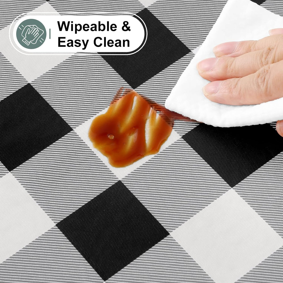 Buffalo Rectangle Picnic Tablecloth, 6 Foot Elastic Fitted Vinyl Table Cloth with Flannel Backing, Waterproof Plaid Table Covers for Dining, Camping, Outdoor (Black and White, 30" x 72")