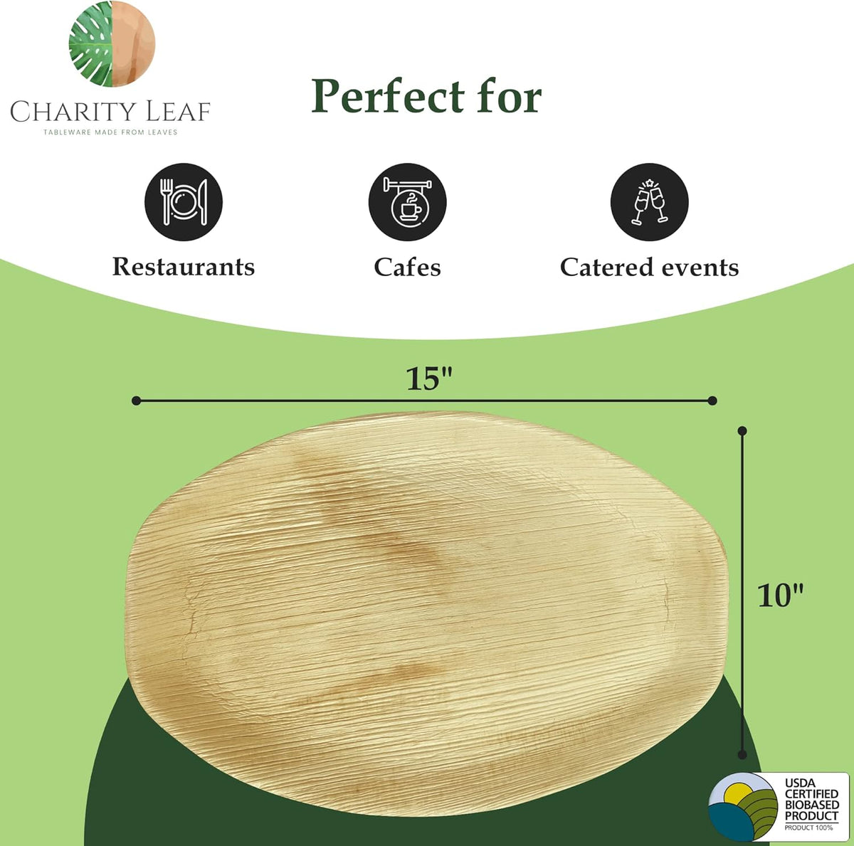 Charity Leaf Disposable Palm Leaf 15" x 10" Trays (10 pieces) Bamboo Like Serving Platters, Disposable Boards, Eco-Friendly Dinnerware For Weddings, Catering, Events