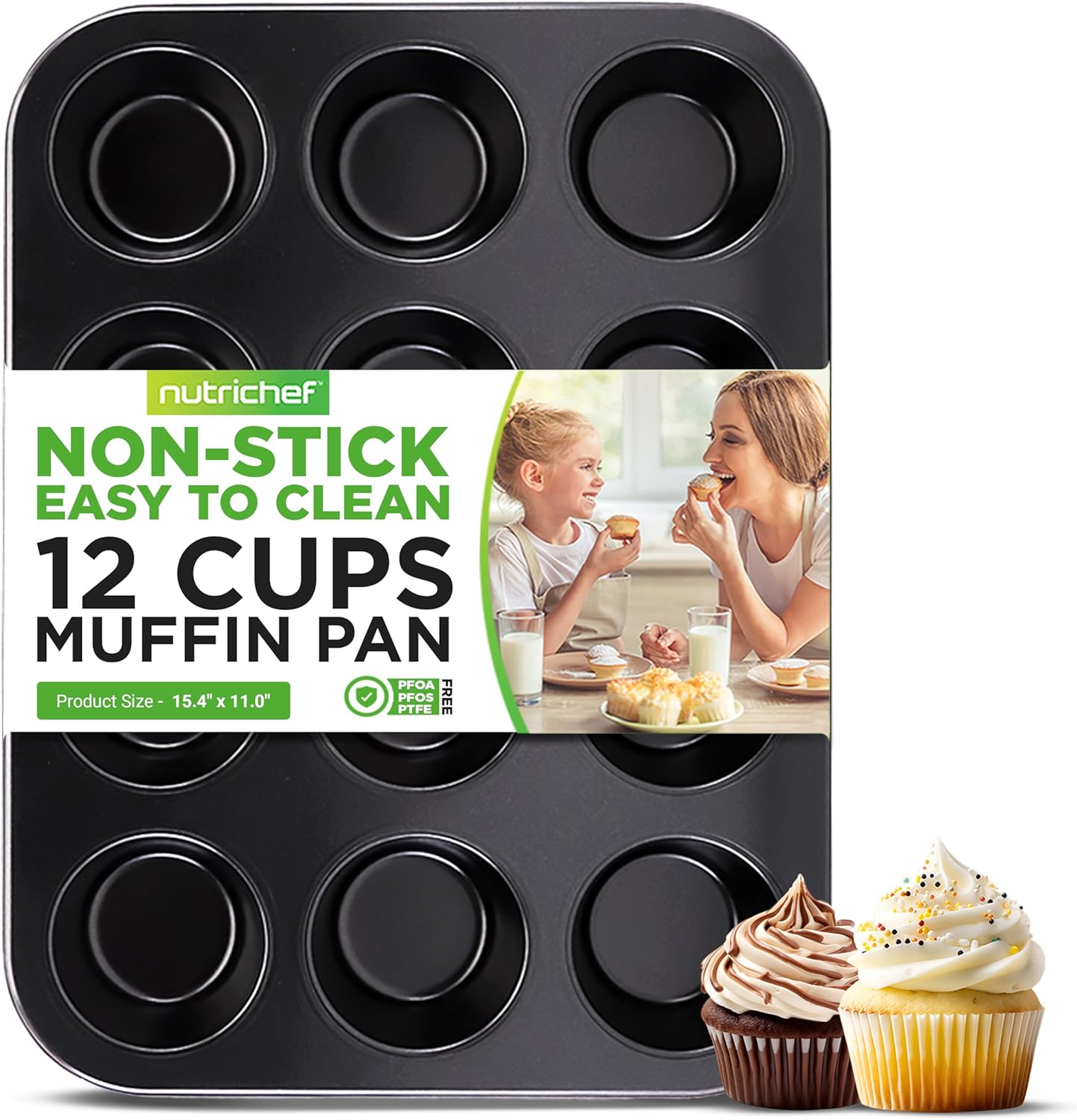 NutriChef 12-cup Black Oven Muffin Pan, Non-Stick Coated Layer Surface, Even Heating Muffin Tray for