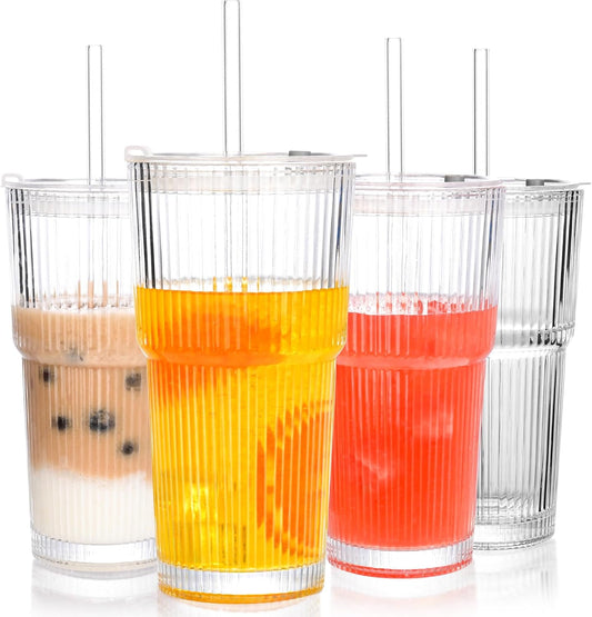 20 oz Tumblers with Lids and Straws, Ribbed Glass Set of 4-Clear Ice Coffee Cups Ideal for Smoothies, Juice, Boba & Cold